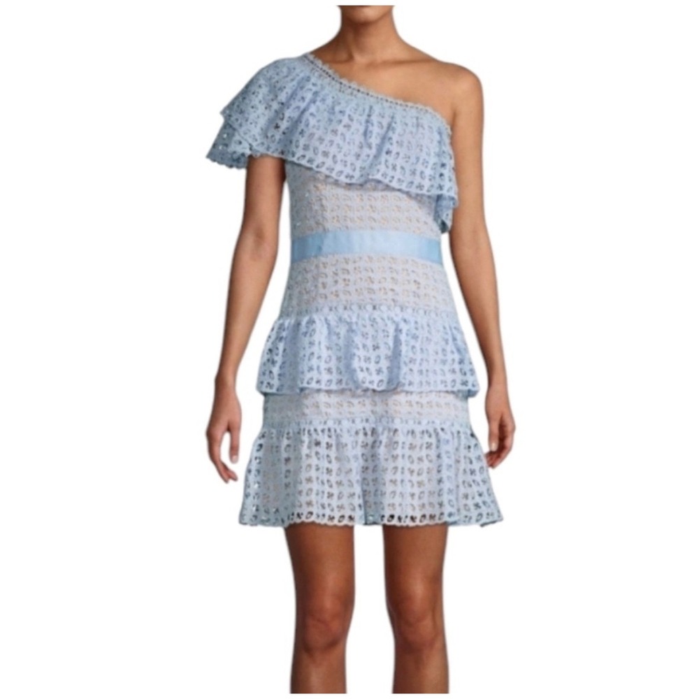 Allison New York Light Blue Eyelet Lace One Shoulder Tiered Ruffle Mini Dress S
